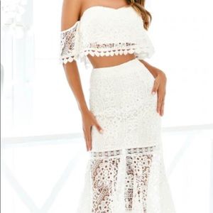 Twosisters White Lace Dress Set with Crop top
